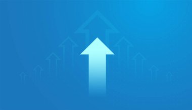 Açık mavi arka planda büyüyen eğilimi gösteren büyük bir ok iş, finans ve borsa vektör illüstrasyonunu gösterir