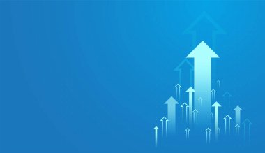 Açık mavi zemin üzerinde büyüme eğilimi için yukarı doğru hareket eden oklar kümesi iş, finans ve borsa kavramlarını gösteren vektörler