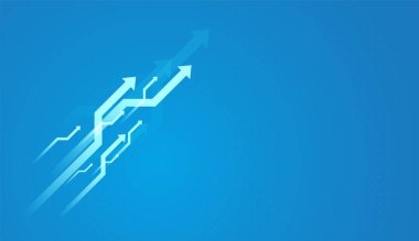 Açık mavi gradyan temiz, fütürist bir hissi çağrıştırıyor, hırsı vurguluyor, yukarı doğru ivme kazandırıyor ve oklar veri akışını, verimliliği veya modernleştirilmiş süreçleri temsil ediyor.