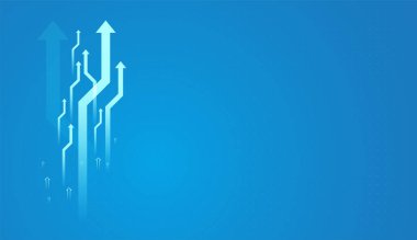 Eğilim, grafikler, değer ve performans için ok koleksiyonu konsepti. Çoklu yukarı doğru oklar büyümeyi, yönü ve başarıyı sembolize eder, canlı mavi dijital arkaplandaki merkezi nokta