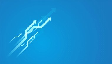 Açık mavi gradyan temiz, fütürist bir hissi çağrıştırıyor, hırsı vurguluyor, yukarı doğru ivme kazandırıyor ve oklar veri akışını, verimliliği veya modernleştirilmiş süreçleri temsil ediyor.