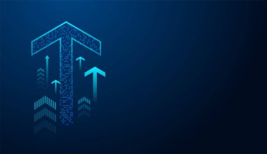 Altıgen piksellerden oluşan bir dijital mavi ok, büyümeyi, ilerlemeyi ve teknoloji veya finans alanındaki ilerlemeyi sembolize ediyor. Eski ticaret kavramı vektör illüstrasyonunda