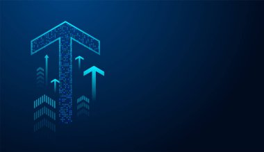 Altıgen piksellerden oluşan bir dijital mavi ok, büyümeyi, ilerlemeyi ve teknoloji veya finans alanındaki ilerlemeyi sembolize ediyor. Eski ticaret kavramı vektör illüstrasyonunda