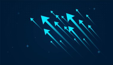 yukarı ve ileri momentumu gösteren parlak mavi ok grupları. Finans, iş, para ve ekonomik eğilim kavramları için mavi yukarı oklar