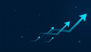 Borsa ve finans konularındaki yükseliş eğilimi vektör illüstrasyonudur. İş konsepti için çoklu oklar yukarı doğru, mavi ok grupları başarıyı, büyüme tasarımını gösteriyor