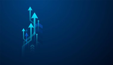 Arkaplanda büyüyen oklar. Koyu mavi arkaplana karşı yukarı doğru ok grubu iş büyümesini, vektör illüstrasyonunu temsil eder