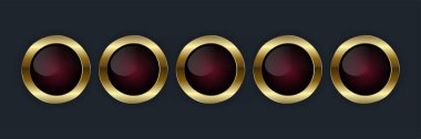 Beş adet lüks daire metalik parlak kırmızı düğme koleksiyonu. Web UI, Dijital Çember Simgeleri için beş sembol tasarımı