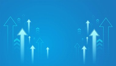 Oklar grubu boyut ve şeffaflık açısından farklılık gösterir, başarıya doğru hareket ve yön duygusu yaratır, açık mavi arkaplanda büyüyen mavi oklar.