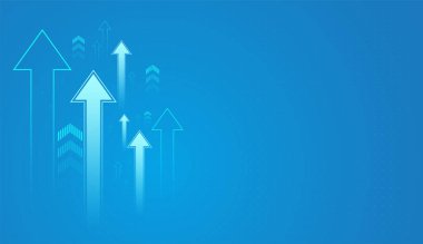 Oklar boyut ve şeffaflık açısından farklılık gösterir, başarıya doğru hareket ve yön duygusu yaratır, finans alanında kullanılan açık mavi arkaplanda büyüyen mavi oklar, eski ticaret