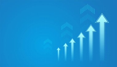 İlerlemeyi, büyümeyi ve olumlu eğilimleri sembolize eden eğimli mavi arkaplandaki yukarı bakan bir dizi ok. Finans sektöründe kullanılan açık mavi arkaplanda büyüyen mavi oklar