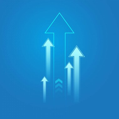 Yüksek eğilim okları mavi tonlarda ve dijital tasarım ile yenilikleri, modernliği iletir. Mavi arkaplanda büyüyen mavi okların vektörü