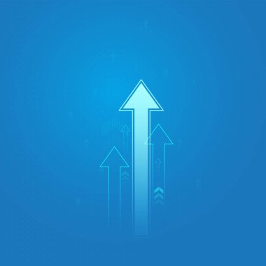 BlueArrows grupları açık mavi zemin üzerinde büyürken birden fazla yukarı bakan ok, büyümeyi, ilerlemeyi ve olumlu eğilimleri, vektör illüstrasyonunu sembolize eder.