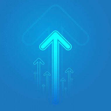 Arkaplanda yukarı doğru parlayan oklar büyümeyi, ilerlemeyi ve yükselen fırsatları simgeliyor. Mavi koyu arkaplanda hedefe ulaşan iş dijital okları