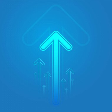 Arkaplanda yukarı doğru parlayan oklar büyümeyi, ilerlemeyi ve yükselen fırsatları simgeliyor. Mavi koyu arkaplanda hedefe ulaşan iş dijital okları