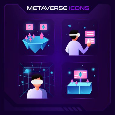 AR, VR, MR Gaming, NFT, Cryptocurrency ve Futuristic Cyber ve Blockchain metaverse konsepti ile Metaverse simgesi seti - vektör 3d tasarımı
