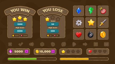 Mobil ve Web fantezi tema oyunları için Mega Pack UI arayüz kiti Düğmeler, simgeler, kazan ve kaybet Ekranlar, İlerleme Çubukları Yükleme ve güç simgesi - vektör tasarımı.