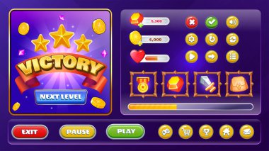 Mobil ve Web fantezi tema oyunları için Mega Pack UI arayüz kiti Düğmeler, simgeler, kazan ve kaybet Ekranlar, İlerleme Çubukları Yükleme ve güç simgesi - vektör tasarımı.