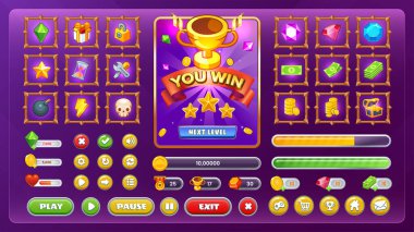 Mobil ve Web fantezi tema oyunları için Mega Pack UI arayüz kiti Düğmeler, simgeler, kazan ve kaybet Ekranlar, İlerleme Çubukları Yükleme ve güç simgesi - vektör tasarımı.
