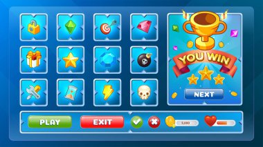 Mobil ve Web fantezi tema oyunları için Mega Pack UI arayüz kiti Düğmeler, simgeler, kazan ve kaybet Ekranlar, İlerleme Çubukları Yükleme ve güç simgesi - vektör tasarımı.