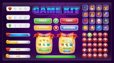 Mobil ve Web fantezi oyunları için Oyun UI arayüz kiti Düğmeler, simgeler, kazan ve kaybet Ekranlar, İlerleme Çubukları Yükleme ve güç ikonu - vektör tasarımı.