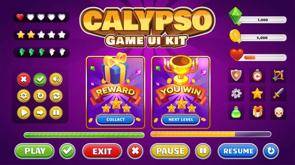 Calypso Game Interface Kit Mobile Web Fantasy Theme Games Buttons — Wektor stockowy