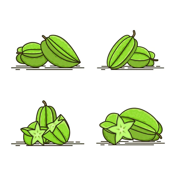 Green Star Fruit Icon Set Mit Ganzen Und Halben Scheiben — Stockvektor