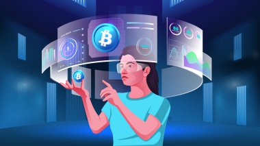 Bulut verilerini, Blockchain, Infographics, Cryptocurrency, NFT 'leri, Metaverse Digital Sanal Gerçeklik Teknolojisi ile Geleceğin Yenilikleri ve İletişim kavramlarını keşfeden ve görselleştiren genç bir kadın 