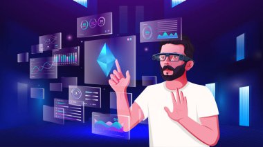Kripto para birimini, NFT 'leri, Blockchain' i, Infographic 'i ve Metaverse Dijital Artırılmış Gerçeklik Teknolojisi ile Geleceğin İletişim kavramlarını keşfeden ve görselleştiren genç bir adam.