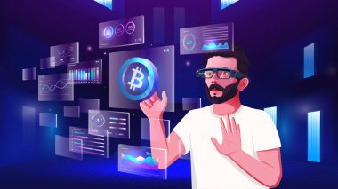 Kripto para birimini, NFT 'leri, Blockchain' i, Infographic 'i ve Metaverse Dijital Artırılmış Gerçeklik Teknolojisi ile Geleceğin İletişim kavramlarını keşfeden ve görselleştiren genç bir adam.
