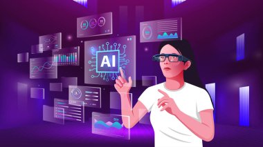 NFT, Blockchain, Cryptocurrency, Infographics and Future Communication kavramlarını keşfeden ve görselleştiren genç bir adam Metaverse Digital Arttırılmış Gerçeklik Teknolojisi