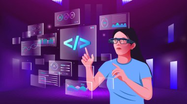 Ağ programlama teknolojisini keşfeden ve görselleştiren genç bir kadın, NFT 'ler, Blockchain, Kripto para birimi ve Metaverse Dijital Artırılmış Gerçeklik Teknolojisi ile Infographics