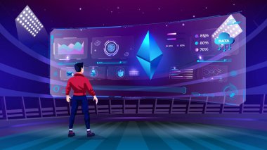 Kriptocunecy, NFT, Veri Depolama Programı, Infographics, Geleceğin yenilikleri ve Metaverse Digital Technology ile İletişim kavramlarını keşfeden ve görselleştiren genç bir adam - Vektör çizimi
