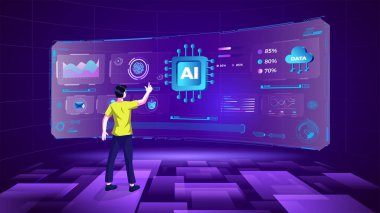 Yapay Zeka Veri Depolama Programı 'nı, Infographics ve Future yeniliklerini Metaverse Digital Technology ile araştıran ve görselleştiren genç bir adam - Vektör illüstrasyon