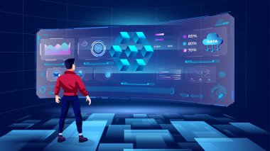 Engelleme zincirini veya Sanal Depolama Programını, Infographics and Future yeniliklerini ve Metaverse Digital Technology ile İletişim kavramlarını keşfeden ve görselleştiren genç bir adam.