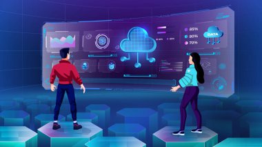 Bulut Veri Depolama Programı 'nı, Infographics' i, Metaverse Digital Technology ile Gelecek Yenilikleri ve İletişim kavramlarını araştıran ve görselleştiren genç bir erkek ve kadın - Vektör illemesi
