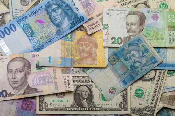 Paper money from different countries. Money from different countries: dollars, hryvnia, forint