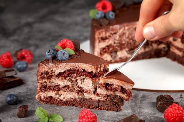 Шоколадний Торт Домашнє Тістечко Глазурований Шоколадний Торт Прикрашений Свіжою Ятою — стокове фото