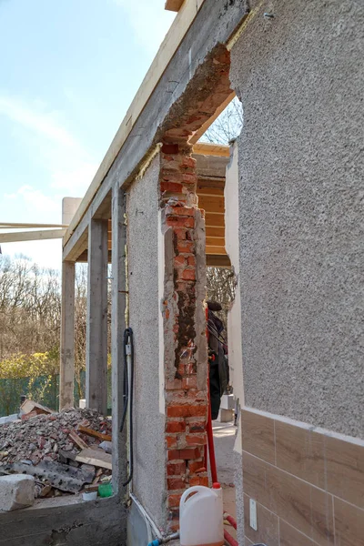 Construcción Casas Particulares Fragmento Pared Ladrillo Durante Construcción Casa —  Fotos de Stock