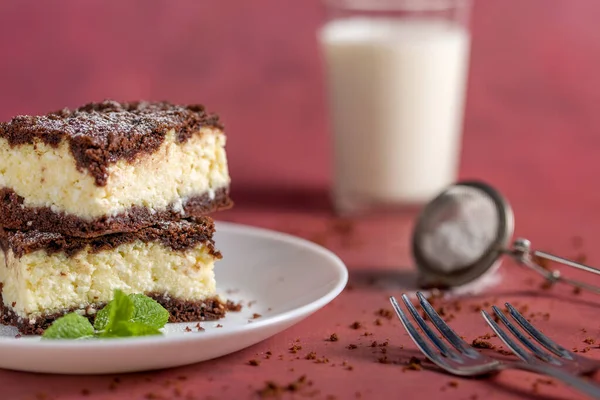 Peynirli kek. Kırmızı arka planda tatlı olarak naneli ev yapımı cheesecake.