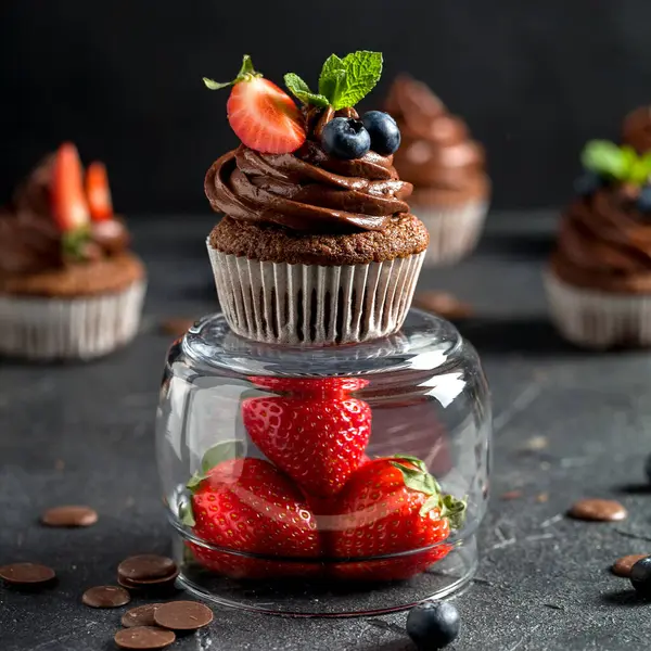 Çikolatalı kekler. Taze yabanmersinli, çilekli ve koyu arkaplanlı taze ev yapımı kekler. Ev yapımı pişirme konsepti. Yumuşak odak