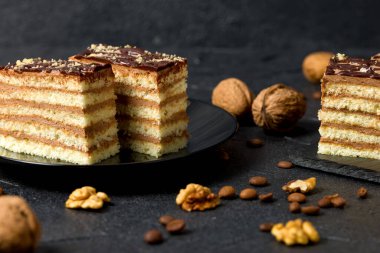 Bir parça Dobosh keki. Çikolata kremalı ve cevizli Macar sünger keki. Koyu arkaplan