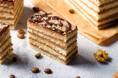 Bir parça Dobosh keki. Çikolata kremalı ve cevizli Macar sünger keki. Hafif arkaplan