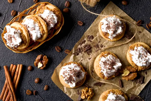 Nut cookies. Homemade shortbread cookies with meringue. On the pastry table. Flat lay