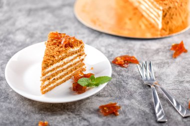 Ballı kek. Ev yapımı pişirme konsepti. Keki kes ve dilimle. Ev yapımı ballı kek.