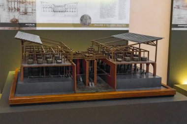 MILAN, ITALY - 19 Mayıs 2018: Bunlar Leonardo da Vinci 'nin Bilim ve Teknoloji Müzesi' ndeki buluşlarından biri olan çok silindirli bir değirmenin modelleri..