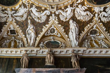 VENICE, ITALY - MAY 18, 2018: This is a fragment of a frize of ceiling in the Hall of the Four Doors in the Palace of Doges.