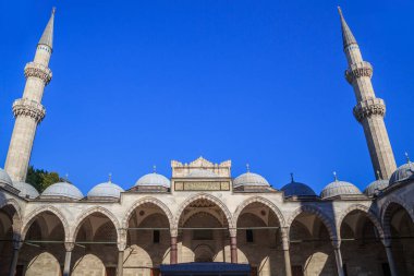 ISTANBUL, TURKEY - SEPTEMBER 14, 2017: This is a view of the minarets of the Suleymaniye Mosque from the courtyard of the mosque.