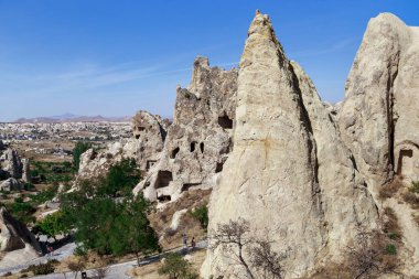 GOREME, TURKEY - OCTOBER 4, 2020: This is a view of the valley of Cappadocia from rock and cave of the Goreme Open air Museum.