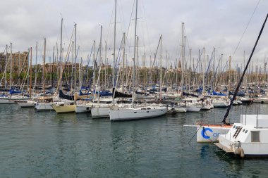 BARCELONA, SPAIN - MAY 10, 2017: This is a large marina in the waters of the Old Port in the seaside part of the historic city center.