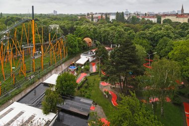 VIENNA, AUSTRIA - MAY 15, 2019: This is a view of the famous Prater city park and its amusement place from the height of the Ferris wheel.